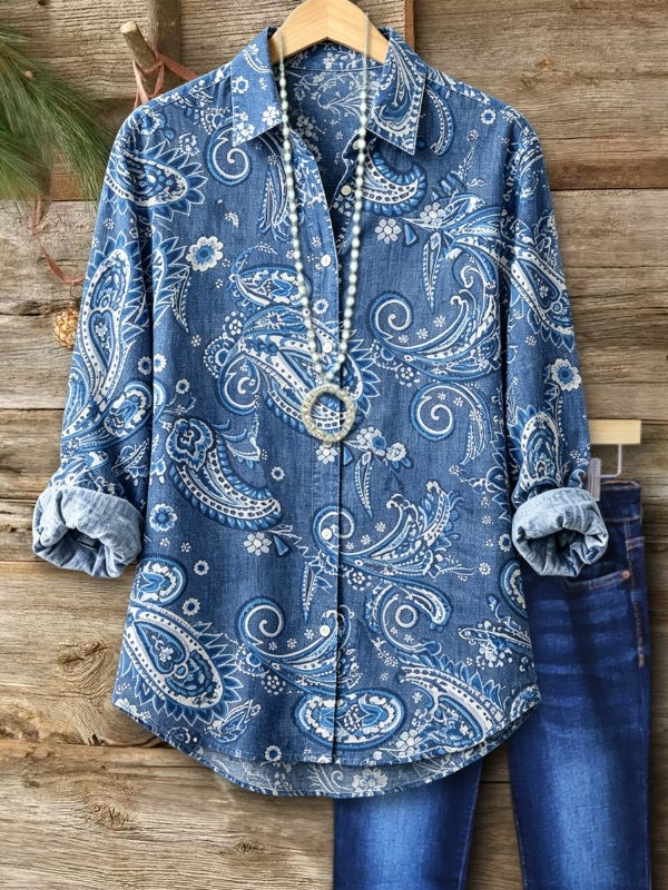 Paisley Print Roll-Tab Sleeve Button-Up Shirt