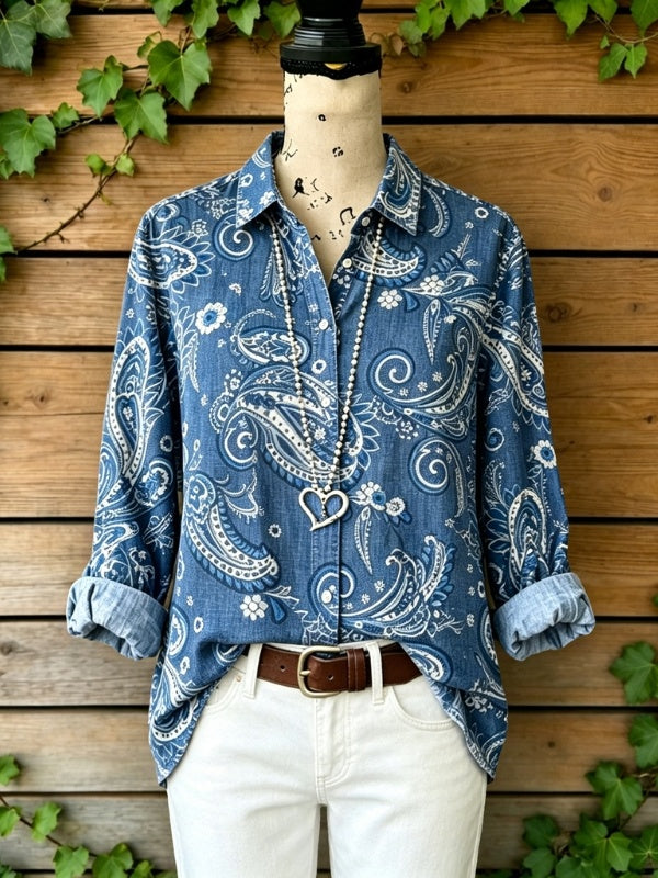 Paisley Print Roll-Tab Sleeve Button-Up Shirt