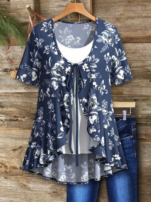 Navy Floral Tie-Front Faux Two-Piece Tee