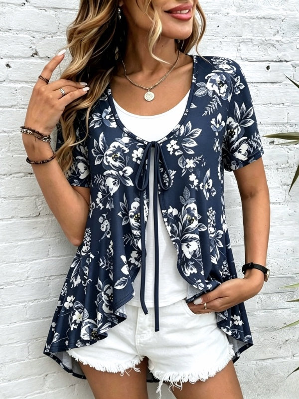 Navy Floral Tie-Front Faux Two-Piece Tee