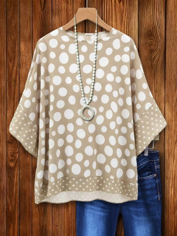 Khaki Polka Dot Batwing Sleeve Blouse