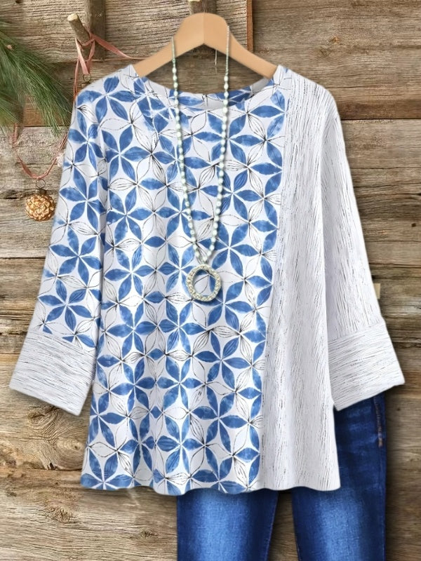Blue Geometric Patchwork Round Neck Top