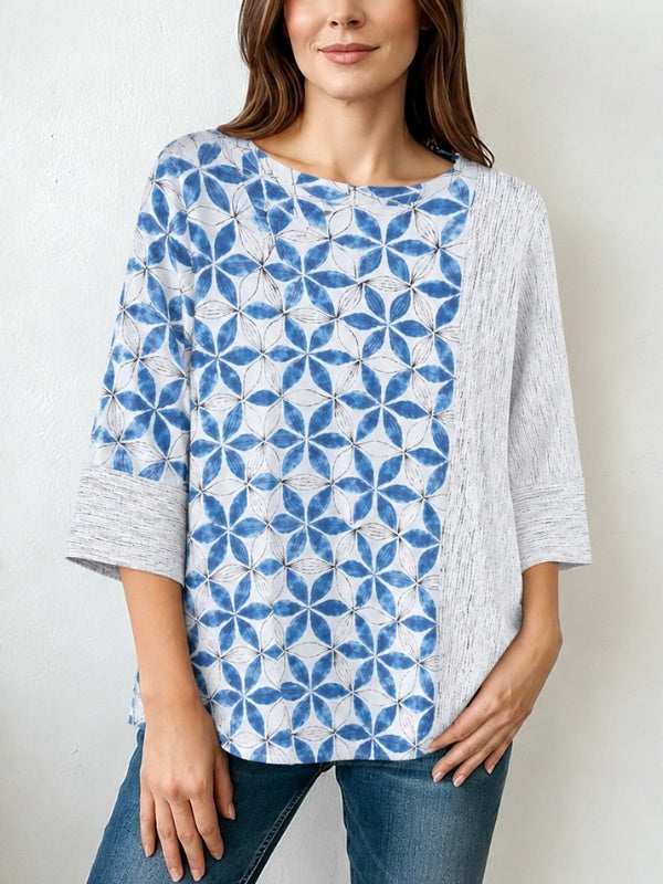 Blue Geometric Patchwork Round Neck Top