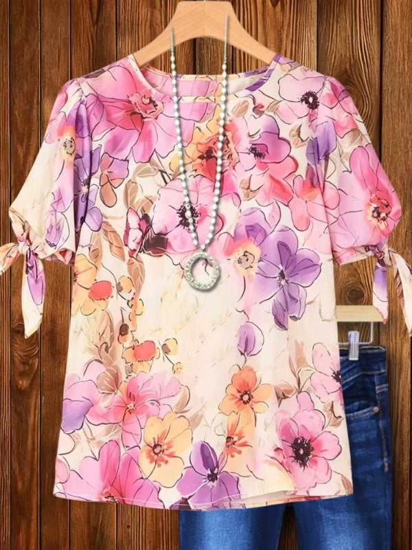 Pink Floral Tie-Sleeve Puff Top