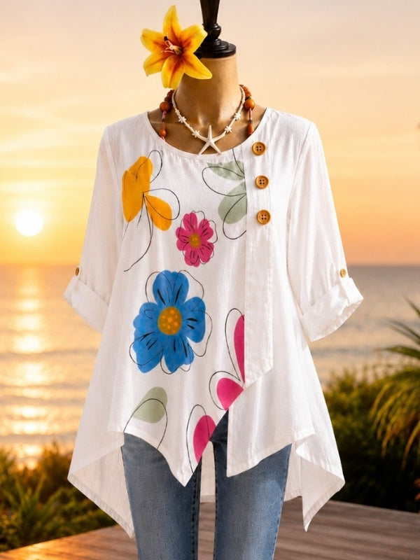 Asymmetrical Floral Button Tunic Top
