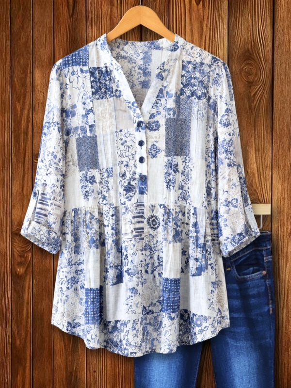 Patchwork V-Neck Peplum Blouse