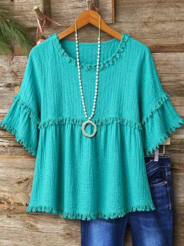 Aqua Fringe Trim Flutter Sleeve Blouse