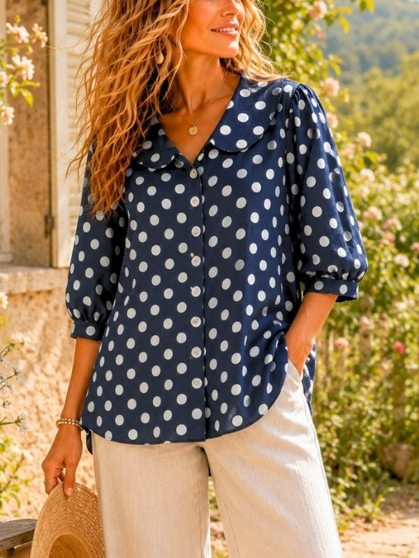 Polka Dot Peter Pan Collar Puff Sleeve Top