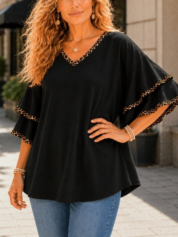 Leopard Trim Tiered Sleeve V-Neck Tee