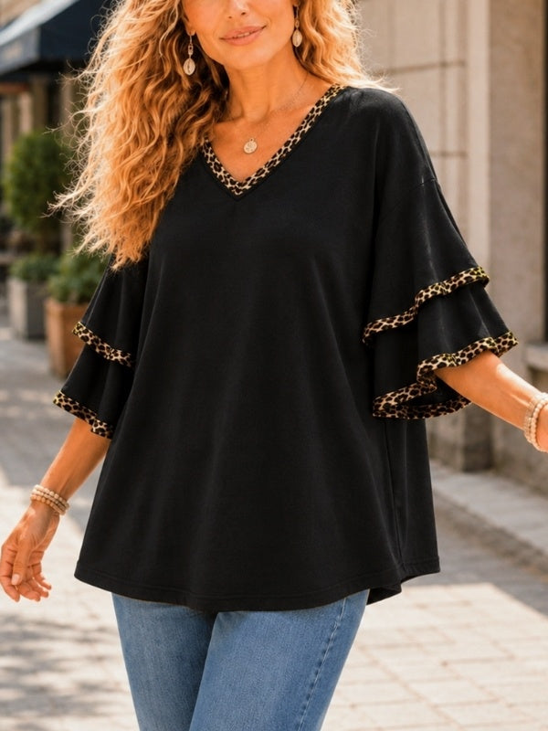 Leopard Trim Tiered Sleeve V-Neck Tee