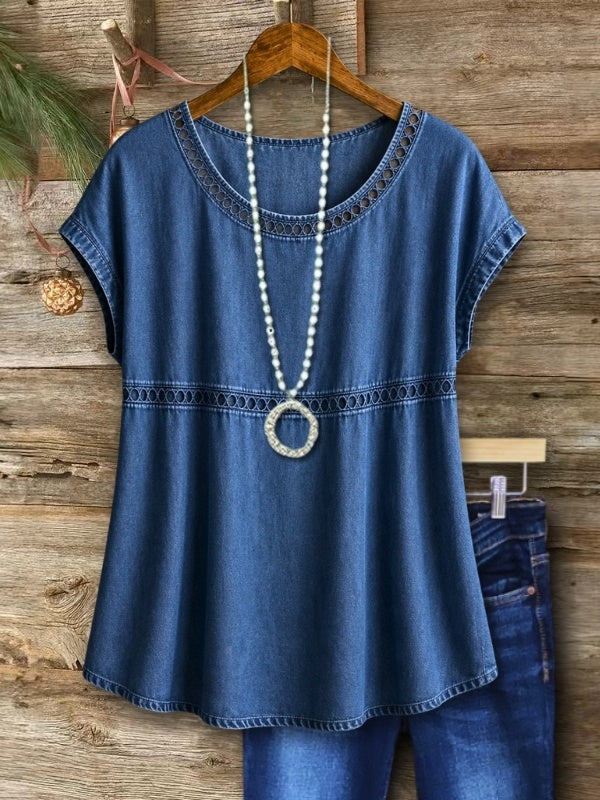 Denim Eyelet Trim Cap Sleeve Top