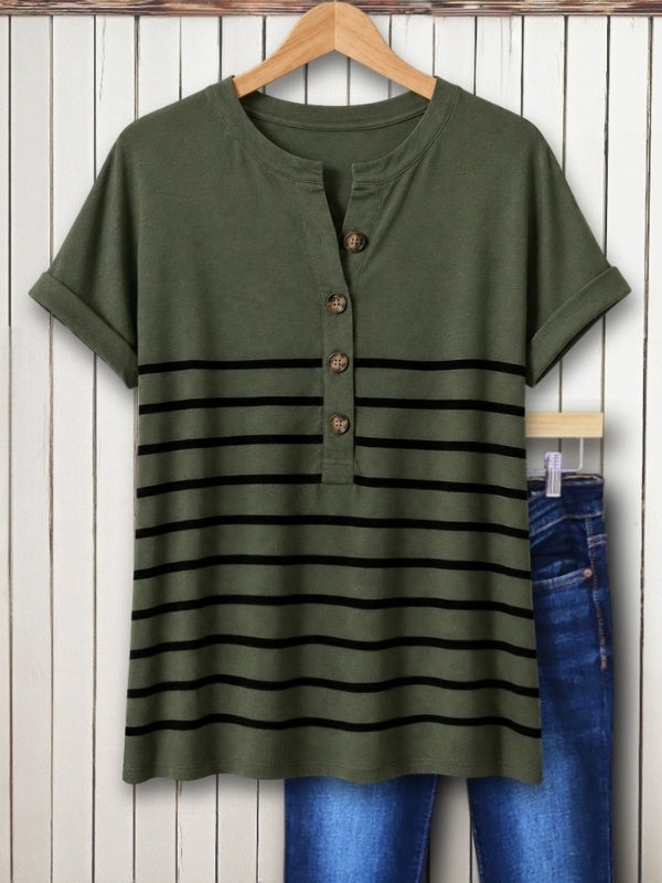 Button-Front Split Neck Striped Tee