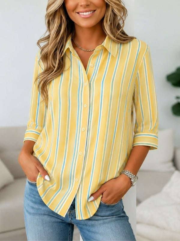 Roll-Tab Sleeve Vertical Stripe Button Shirt