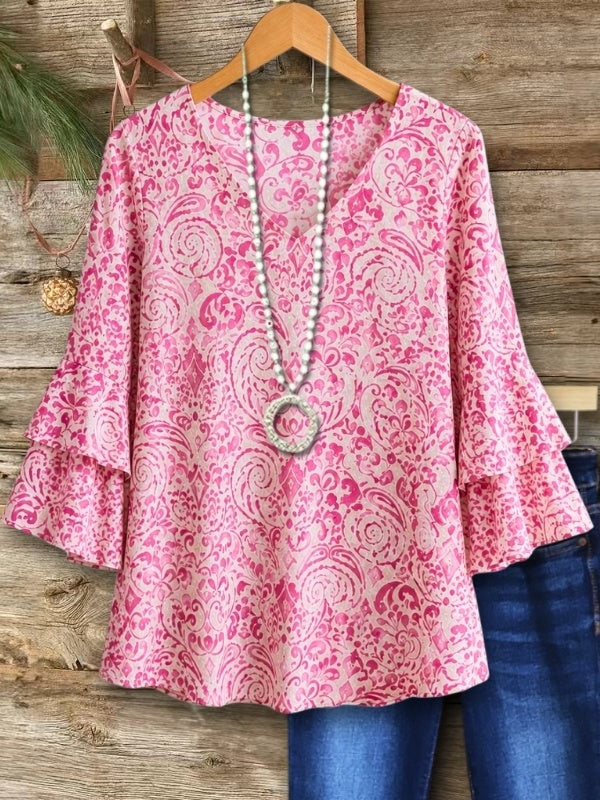 Ruffle Bell Sleeve Paisley Print Tunic Top
