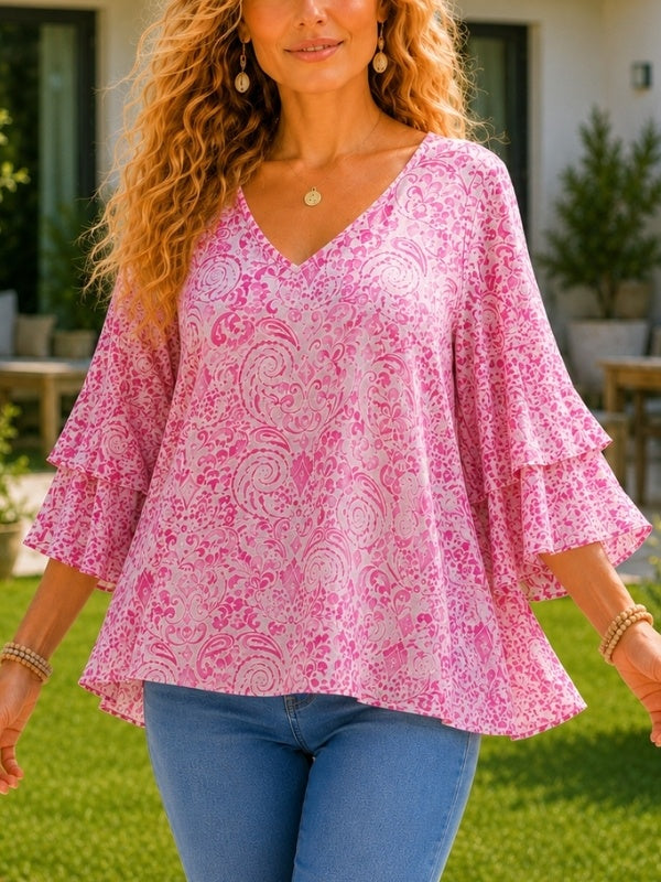 Ruffle Bell Sleeve Paisley Print Tunic Top