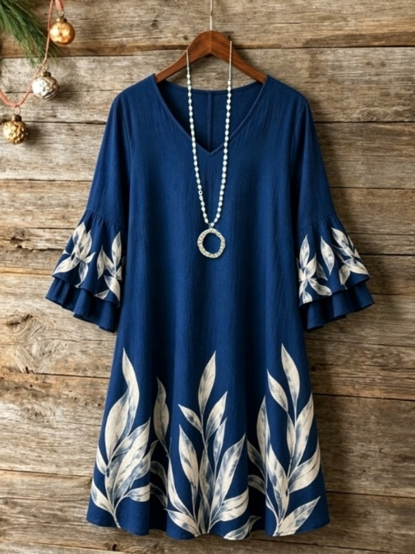 Leaf Print Bell Sleeve Midi Dress