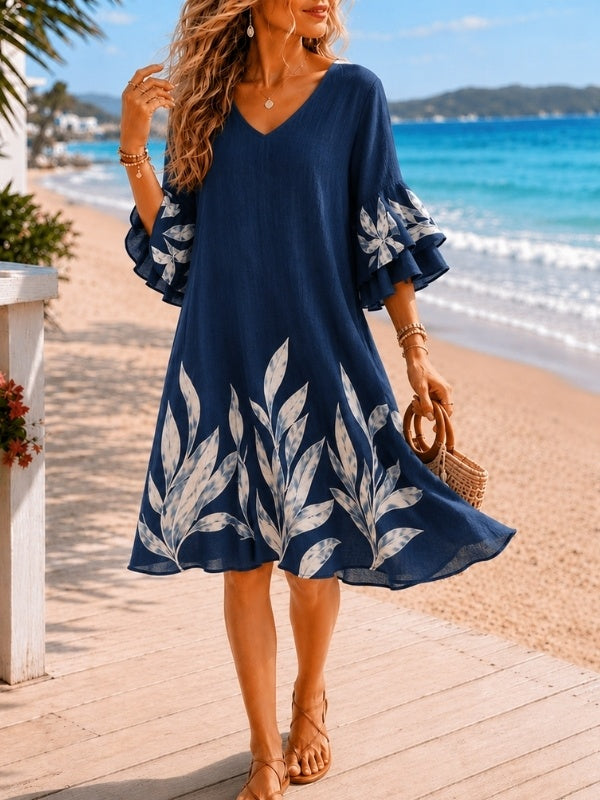 Leaf Print Bell Sleeve Midi Dress