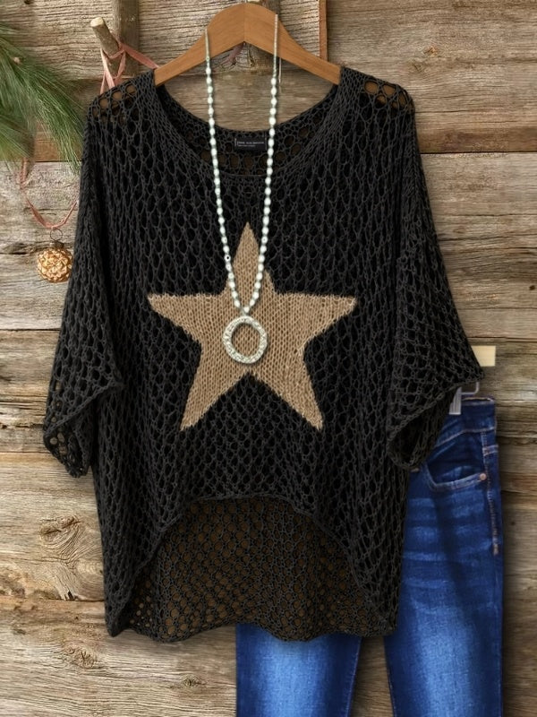 Open-Knit Star Patch Crochet Sweater Top