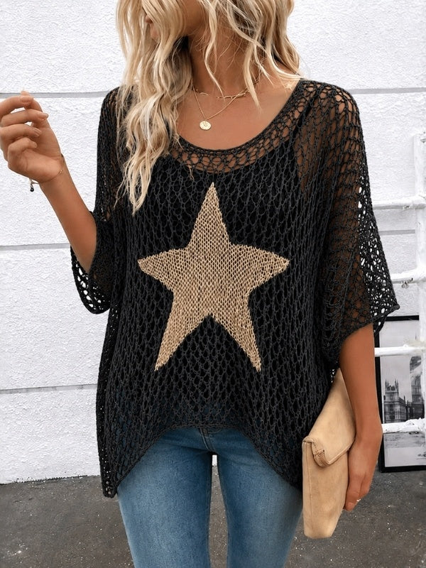 Open-Knit Star Patch Crochet Sweater Top