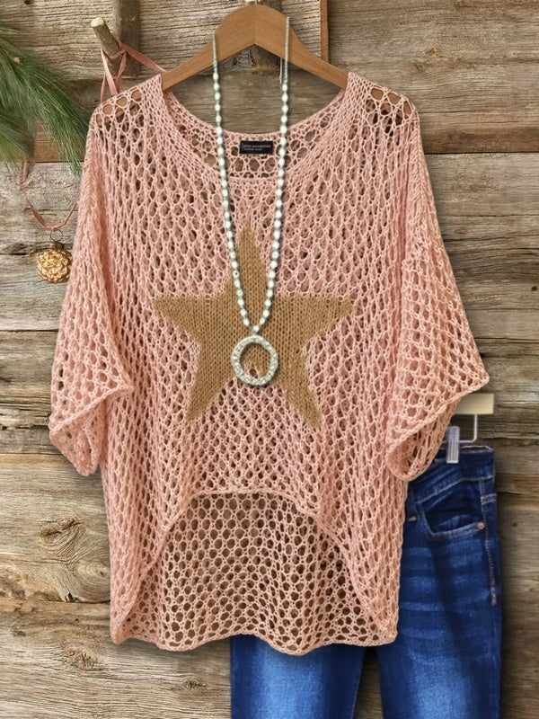 Open-Knit Star Patch Crochet Sweater Top