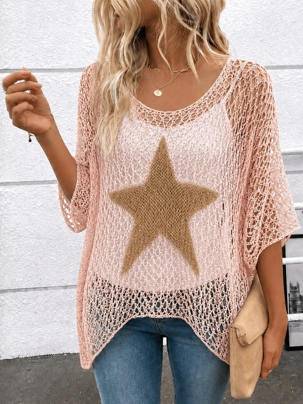 Open-Knit Star Patch Crochet Sweater Top