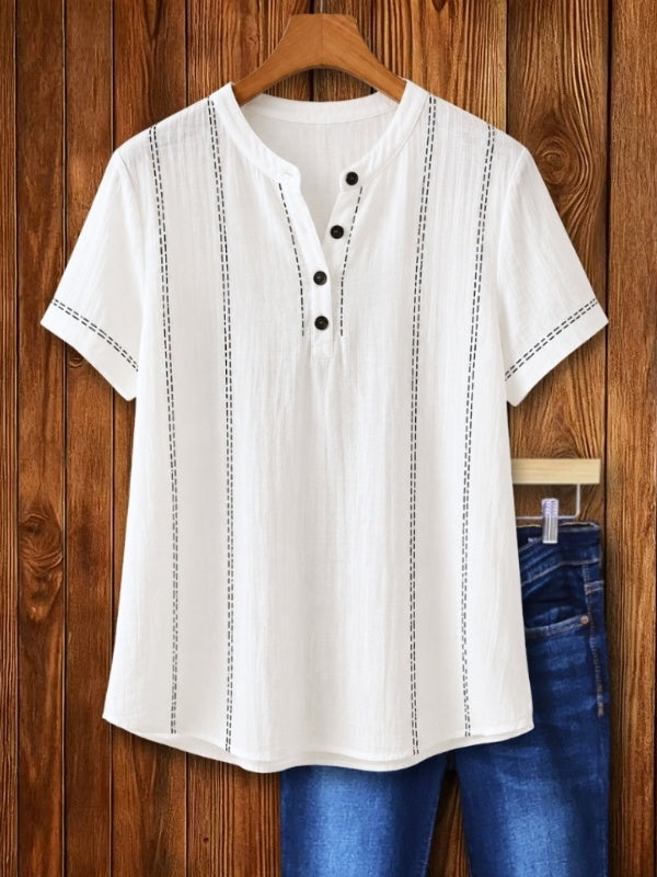Contrast Stitch Split Neck Cotton Blouse