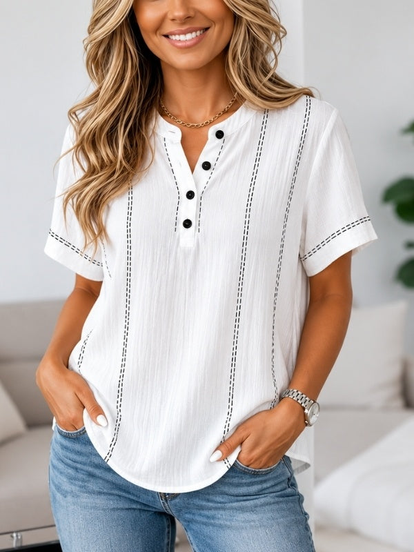 Contrast Stitch Split Neck Cotton Blouse