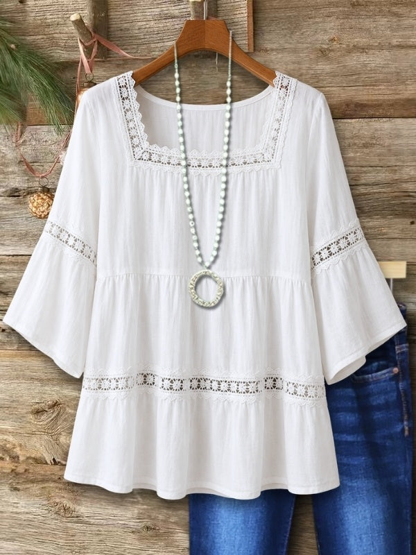 Lace Trim Square Neck Peplum Blouse
