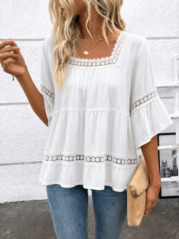 Lace Trim Square Neck Peplum Blouse