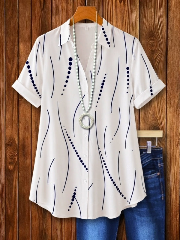 Dot Line Print Short Sleeve Button Shirt
