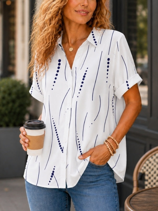 Dot Line Print Short Sleeve Button Shirt