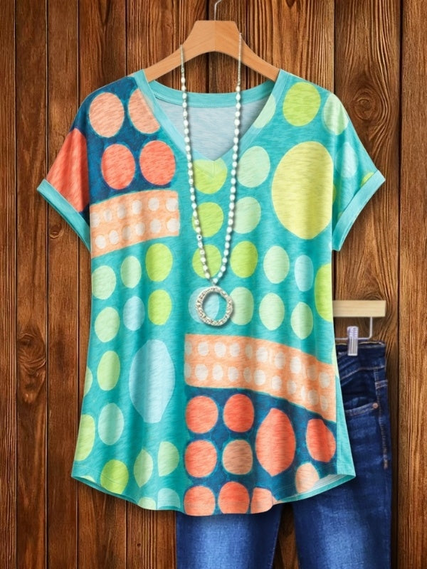 Colorblock Polka Dot V-Neck Tee