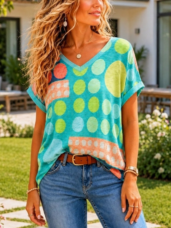 Colorblock Polka Dot V-Neck Tee