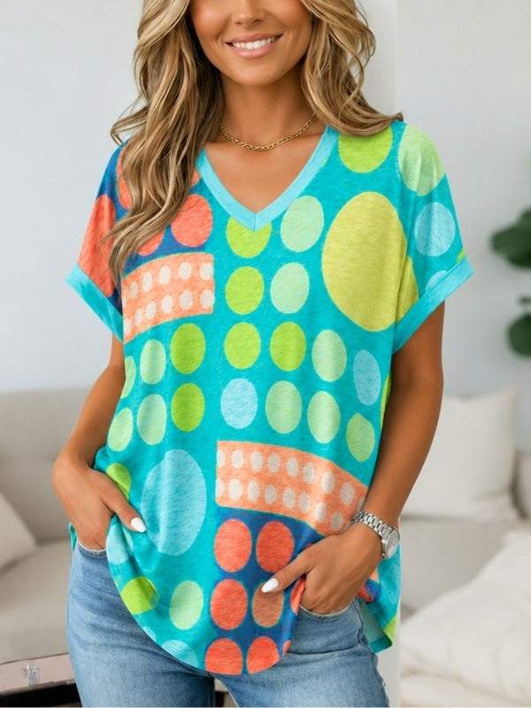 Colorblock Polka Dot V-Neck Tee