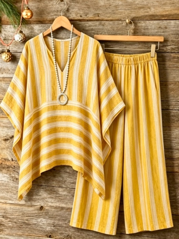 Batwing Sleeve Linen Blend Wide-Leg Pants Set