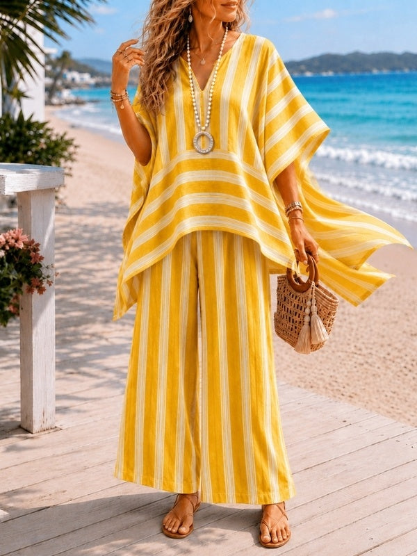 Batwing Sleeve Linen Blend Wide-Leg Pants Set