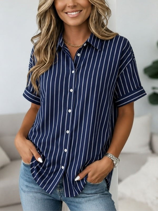 Pinstripe Roll Sleeve Button-Up Shirt