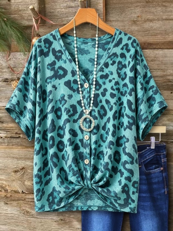 Twist Hem Leopard Print V-Neck Top