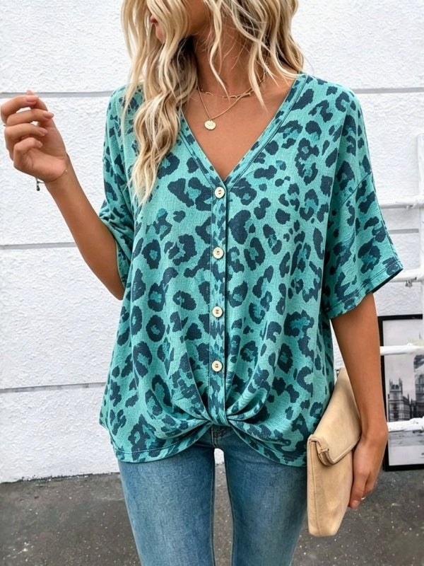Twist Hem Leopard Print V-Neck Top