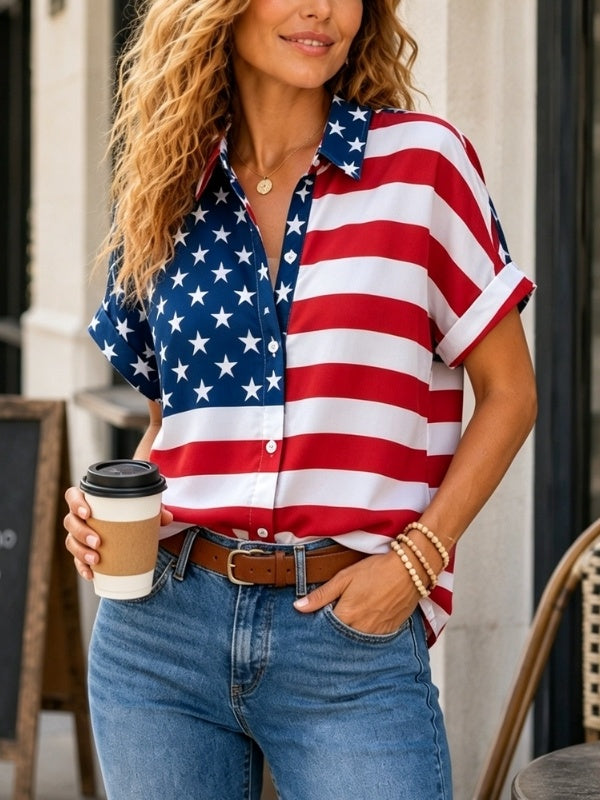 American Flag Short Sleeve Button Shirt