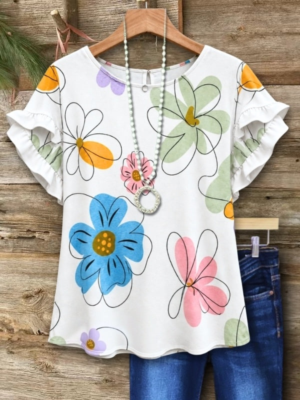 Flutter Sleeve Floral Print Blouse