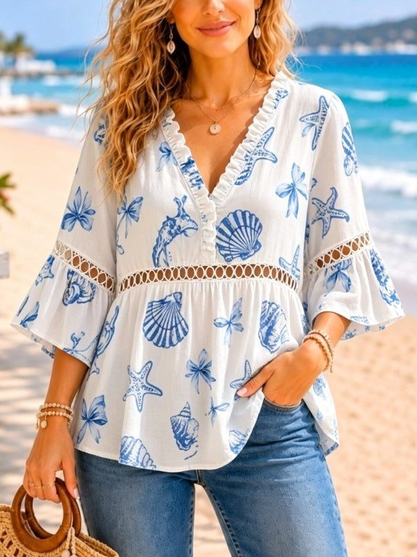 Ruffle V-Neck Seashell Print Blouse