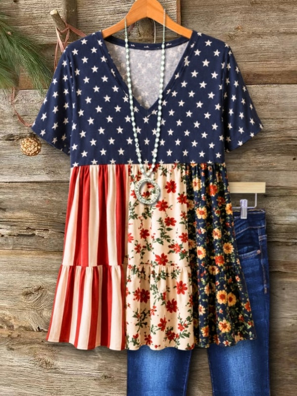 V-Neck Patchwork Babydoll Tunic Top