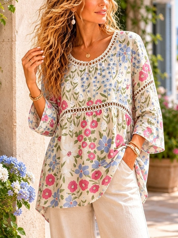 Lace Trim Floral Peplum Blouse