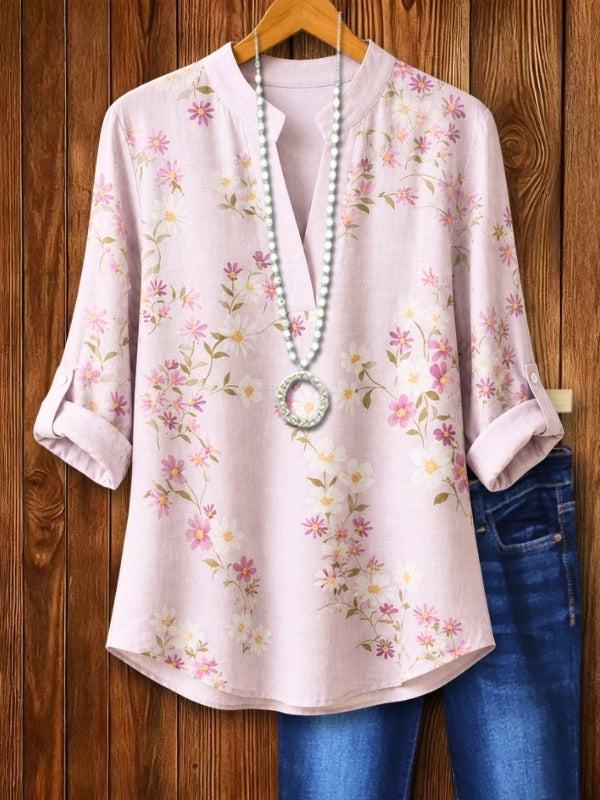 Split Neck Floral Roll-Tab Blouse