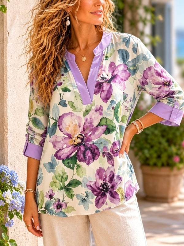 3/4 Sleeve Notch Neck Watercolor Floral Top