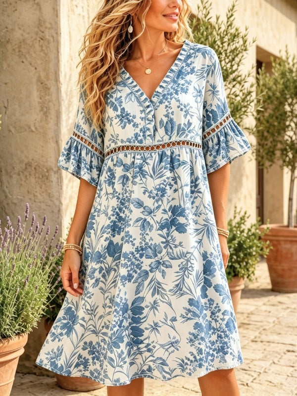 Ruffle V-Neck Floral Midi Dress