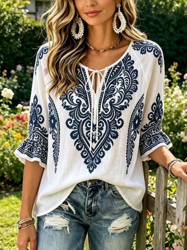 Paisley Print Tie-Neck Flutter Sleeve Blouse