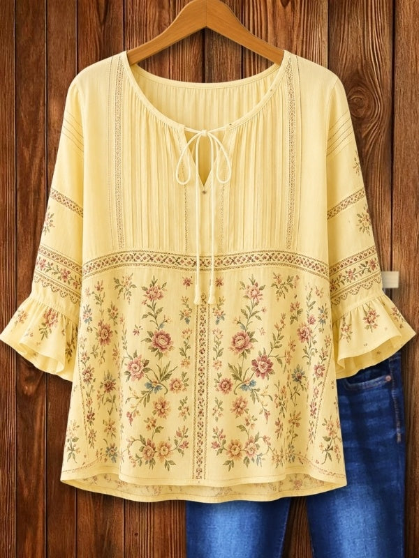 Pleated Tie-Neck Floral Blouse