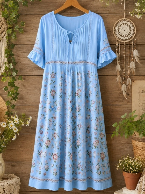 Pleated Tie-Neck Floral Midi Dress